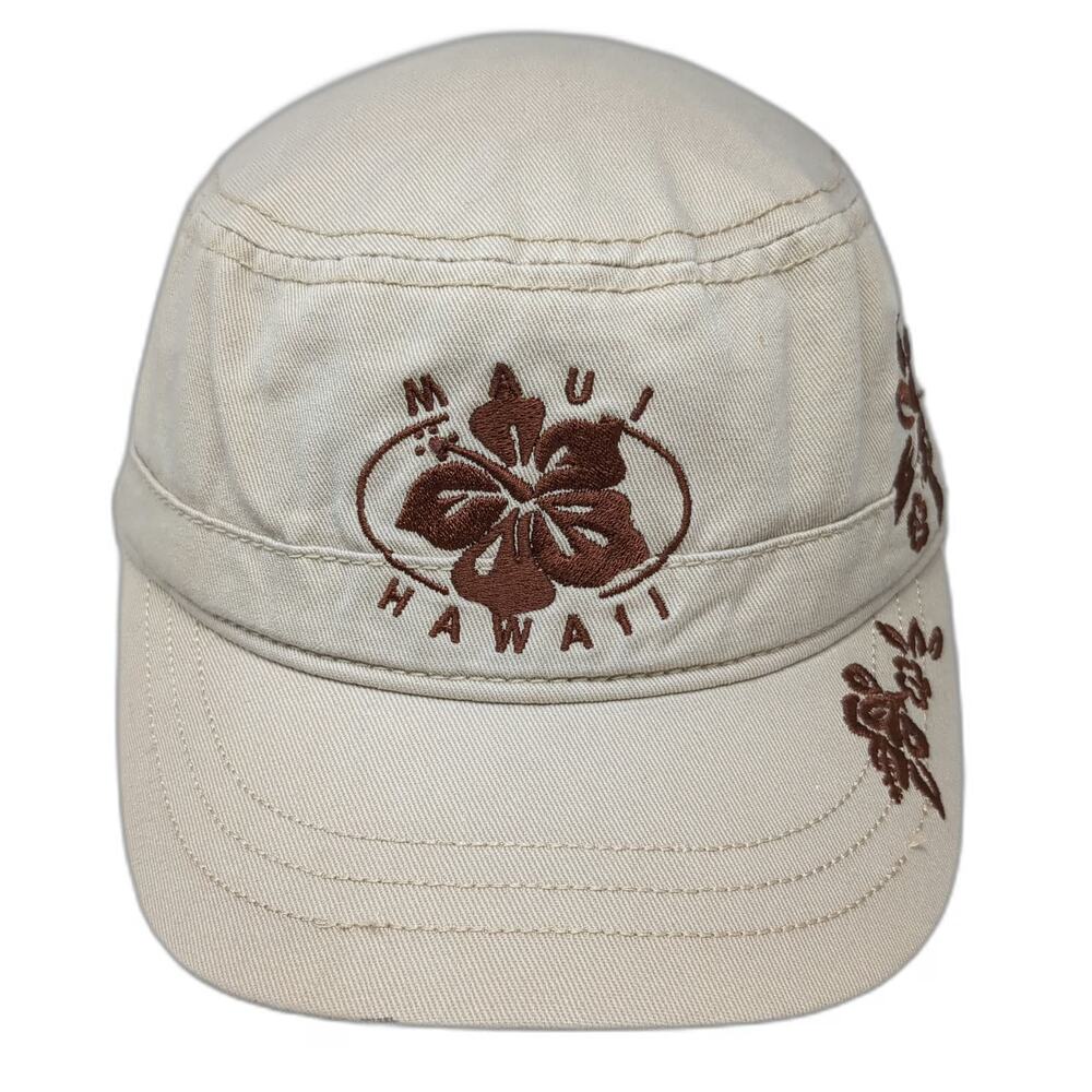 Aloha Hawaii Army Cap Beige One Size Maui Hibiscus Flower Embroidered Hat